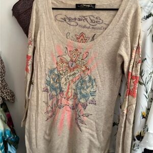 Ed Hardy Beige V-Neck Sweater with Graphic Design